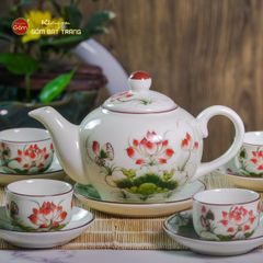Bộ Ấm Chén Tròn Men Kem Vẽ Sen Đỏ