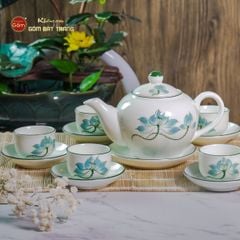 Bộ Ấm Chén Tròn Men Kem Vẽ Sen Xanh