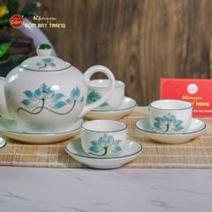 Bộ Ấm Chén Tròn Men Kem Vẽ Sen Xanh