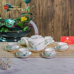 Bộ Ấm Chén Vai Cao Men Kem Vẽ Đào Xanh