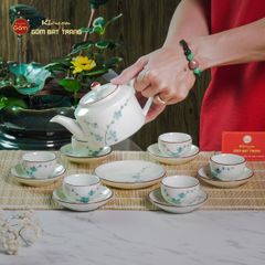 Bộ Ấm Chén Vai Cao Men Kem Vẽ Đào Xanh