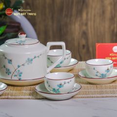 Bộ Ấm Chén Vai Cao Men Kem Vẽ Đào Xanh