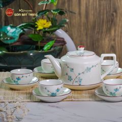 Bộ Ấm Chén Vai Cao Men Kem Vẽ Đào Xanh