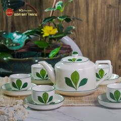 Bộ Ấm Chén Vai Cao Men Kem Vẽ Ngò Gai