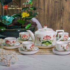 Bộ Ấm Chén Vai Cao Men Kem Vẽ Sen Đỏ