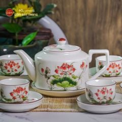 Bộ Ấm Chén Vai Cao Men Kem Vẽ Sen Đỏ