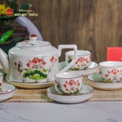 Bộ Ấm Chén Vai Cao Men Kem Vẽ Sen Đỏ