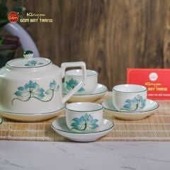 Bộ Ấm Chén Vai Cao Men Kem Vẽ Sen Xanh