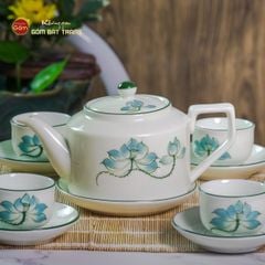 Bộ Ấm Chén Vai Cao Men Kem Vẽ Sen Xanh