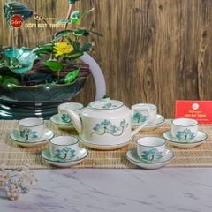 Bộ Ấm Chén Vai Cao Men Kem Vẽ Sen Xanh