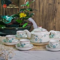 Bộ Ấm Chén Vai Vuông Men Kem Vẽ Đào Xanh