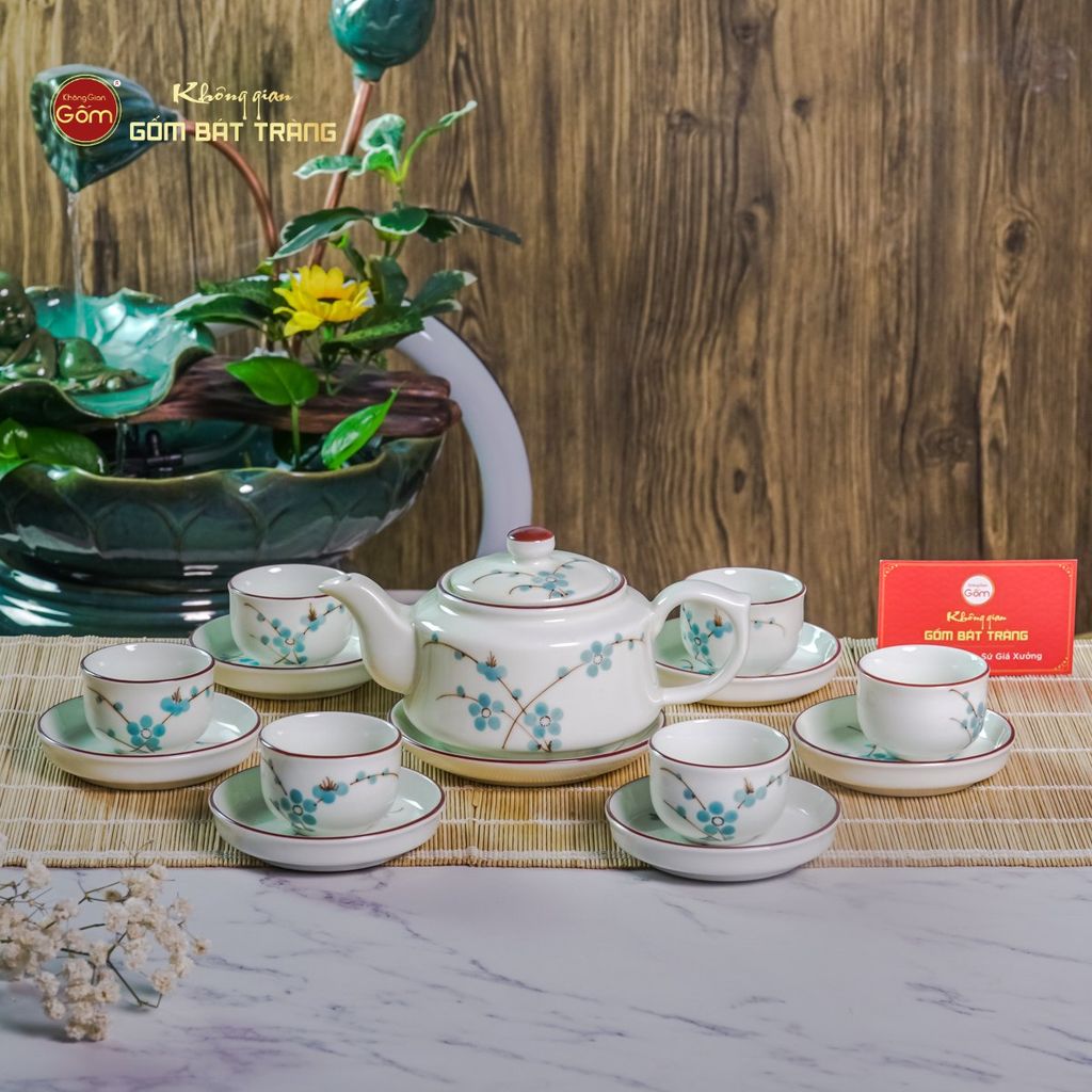 Bộ Ấm Chén Vai Vuông Men Kem Vẽ Đào Xanh