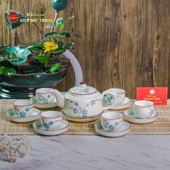 Bộ Ấm Chén Vai Vuông Men Kem Vẽ Đào Xanh