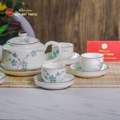 Bộ Ấm Chén Vai Vuông Men Kem Vẽ Đào Xanh