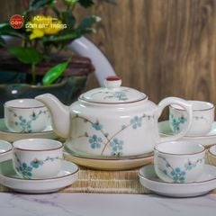 Bộ Ấm Chén Vai Vuông Men Kem Vẽ Đào Xanh