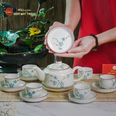 Bộ Ấm Chén Vai Vuông Men Kem Vẽ Đào Xanh