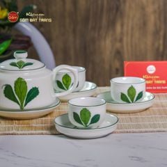 Bộ Ấm Chén Vai Vuông Men Kem Vẽ Ngò Gai