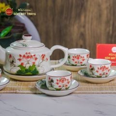 Bộ Ấm Chén Vai Vuông Men Kem Vẽ Sen Đỏ
