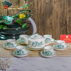 Bộ Ấm Chén Vai Vuông Men Kem Vẽ Sen Xanh
