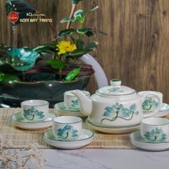 Bộ Ấm Chén Vai Vuông Men Kem Vẽ Sen Xanh