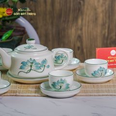 Bộ Ấm Chén Vai Vuông Men Kem Vẽ Sen Xanh