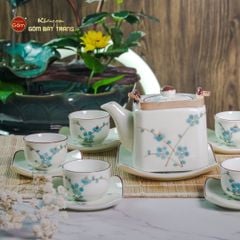 Bộ Ấm Chén Vuông Quai Đồng Vẽ Đào Xanh