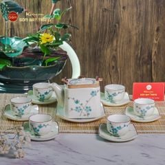 Bộ Ấm Chén Vuông Quai Đồng Vẽ Đào Xanh