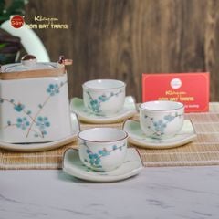 Bộ Ấm Chén Vuông Quai Đồng Vẽ Đào Xanh