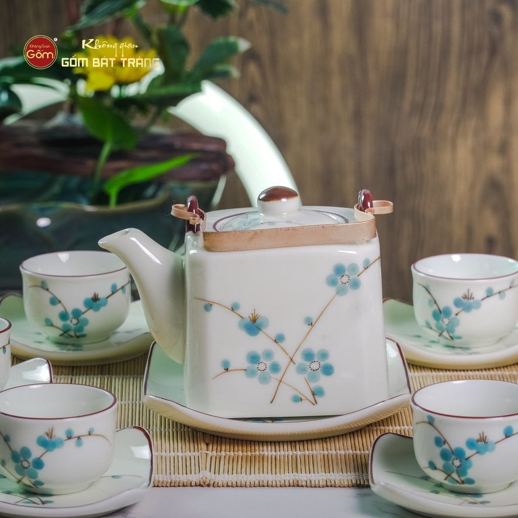 Bộ Ấm Chén Vuông Quai Đồng Vẽ Đào Xanh