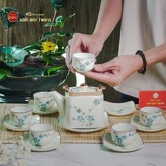 Bộ Ấm Chén Vuông Quai Đồng Vẽ Đào Xanh