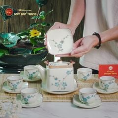 Bộ Ấm Chén Vuông Quai Đồng Vẽ Đào Xanh