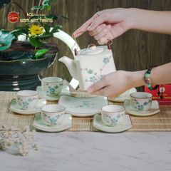 Bộ Ấm Chén Vuông Quai Đồng Vẽ Đào Xanh