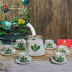 Bộ Ấm Chén Vuông Quai Đồng Vẽ Ngò Gai