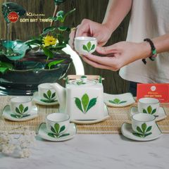Bộ Ấm Chén Vuông Quai Đồng Vẽ Ngò Gai