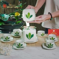 Bộ Ấm Chén Vuông Quai Đồng Vẽ Ngò Gai