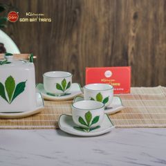 Bộ Ấm Chén Vuông Quai Đồng Vẽ Ngò Gai