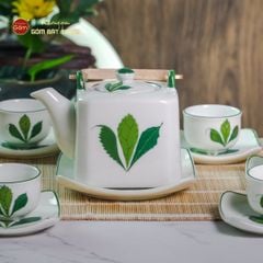 Bộ Ấm Chén Vuông Quai Đồng Vẽ Ngò Gai