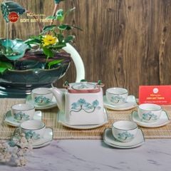 Bộ Ấm Chén Vuông Quai Đồng Vẽ Sen Xanh