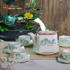 Bộ Ấm Chén Vuông Quai Đồng Vẽ Sen Xanh