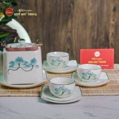Bộ Ấm Chén Vuông Quai Đồng Vẽ Sen Xanh