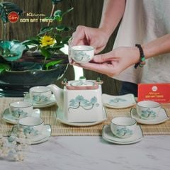 Bộ Ấm Chén Vuông Quai Đồng Vẽ Sen Xanh