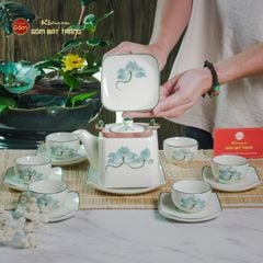 Bộ Ấm Chén Vuông Quai Đồng Vẽ Sen Xanh