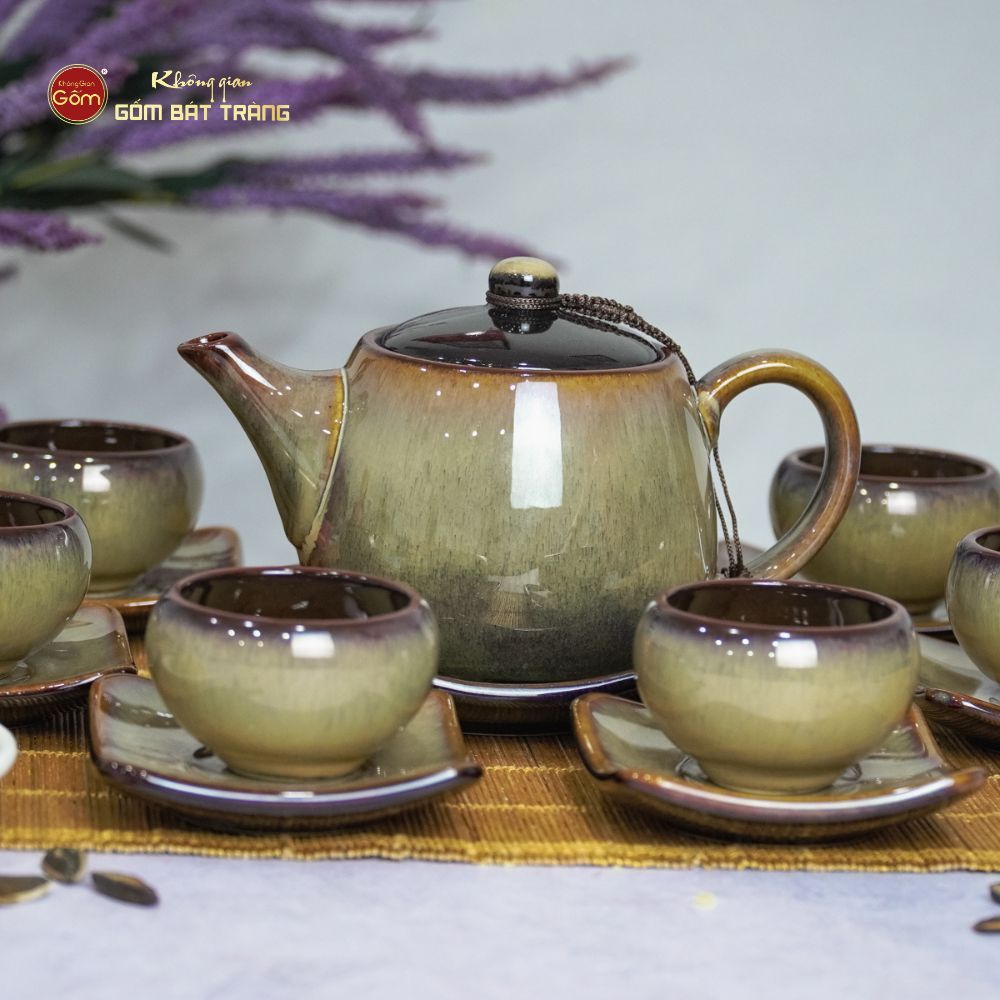 Bộ Ấm Trà 3 Chân Gấm Hoa Men Hỏa Biến