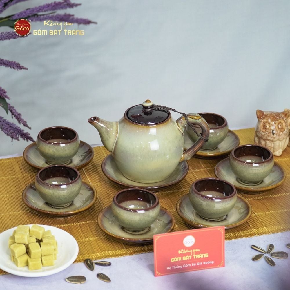 Bộ Ấm Trà Bầu Gấm Hoa Men Hỏa Biến
