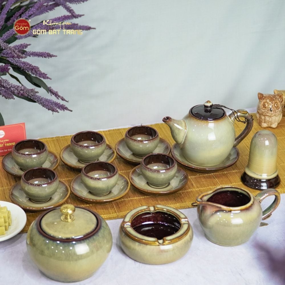 Bộ Ấm Trà Bầu Gấm Hoa Men Hỏa Biến