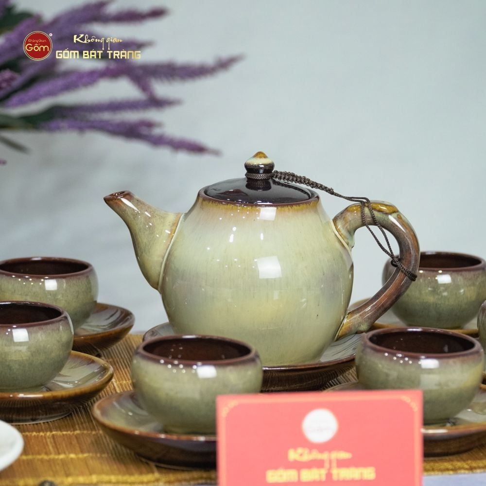 Bộ Ấm Trà Bầu Gấm Hoa Men Hỏa Biến