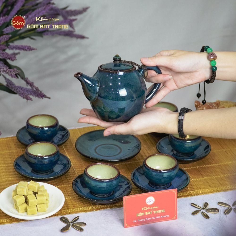Bộ Ấm Trà Bầu Xanh Hoa Men Hỏa Biến