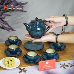 Bộ Ấm Trà Bầu Xanh Hoa Men Hỏa Biến