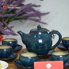 Bộ Ấm Trà Bầu Xanh Hoa Men Hỏa Biến