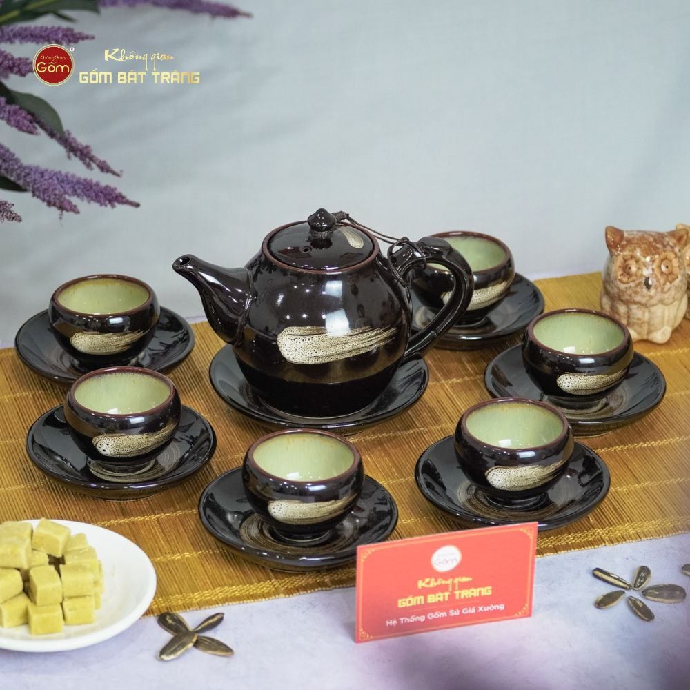 Bộ Ấm Trà Bầu Xước Hoa Men Hỏa Biến